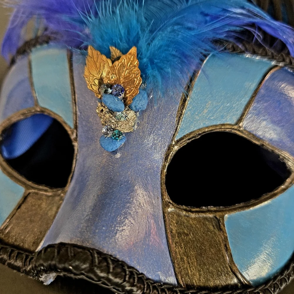 Blue and Black Feathered Masquerade Mask Cirque Du Soliel Erik Attia